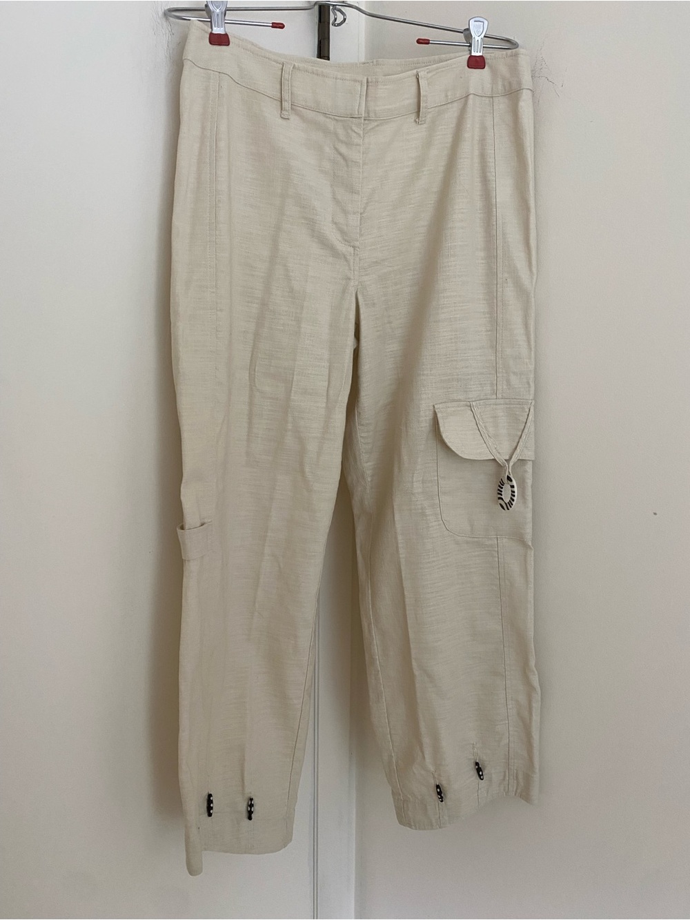 Zowy Boho Beaded Cream Cargo Cotton Blend Pants Granola Festival Earthy Coastal